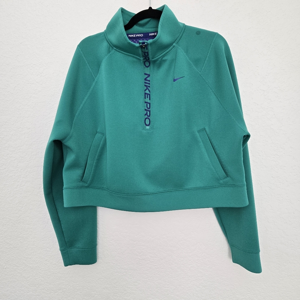 Nike Pro L Teal Green Cropped 1/4 Zip Sweatshirt